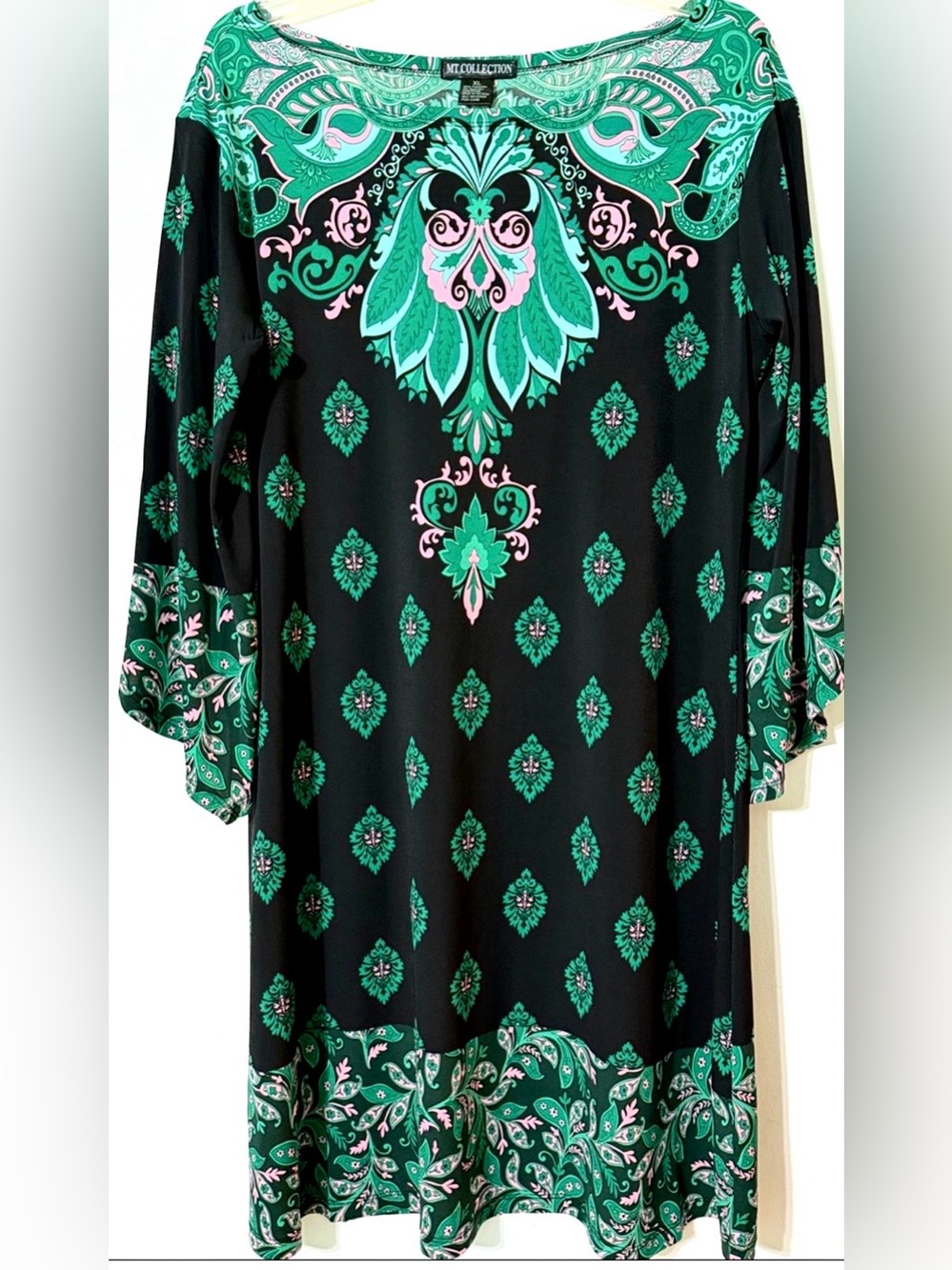 JM Collection Black Midi Dress with Green and Pink Paisley Print